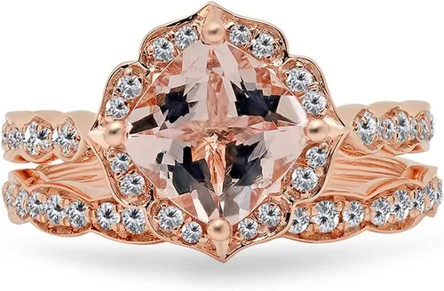 Miniatura 3 de Dazzlingrock Collection Anillo de compromiso de 14 quilates con piedras preciosas acolchadas y diamantes redondos para mujer, oro rosa