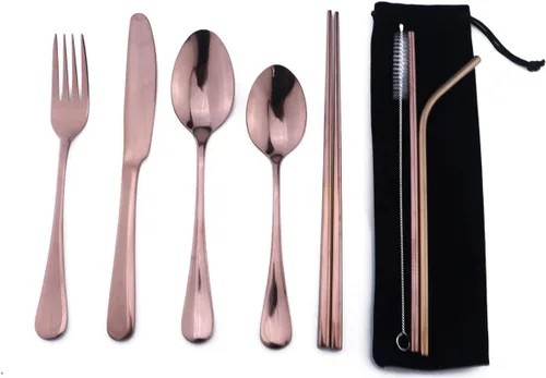 Miniatura 9 de Utensilios reutilizables plateados con estuche, saludables y ecológicos, juego de vajilla portátil de acero inoxidable de 8 piezas, juego de vajilla