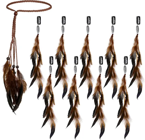 Miniatura 7 de Bencailor 10 pinzas para el pelo de plumas y diadema hippie extensiones de pelo para Halloween, disfraz de pirata indio para mujeres y niñas