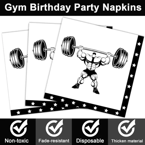 Miniatura 4 de OBUSATT 96 piezas de suministros para fiesta de cumpleaños de gimnasio, tema de culturista, platos de papel para levantamiento de pesas, platos