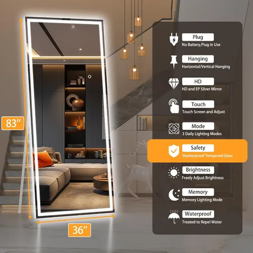 Miniatura 2 de Hasipu Espejo de Cuerpo Completo con Luces, 83" x 36" Espejo de Pie Iluminado LED, Espejo de Vestidor de Cuerpo Completo para Colgar o Montar, Blanco