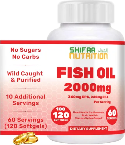 Aceite de pescado Halal Omega 3 de 2000 mg - 60 porciones, 120 cápsulas blandas. Atrapado en la naturaleza, purificado, apto para dieta cetogénica,