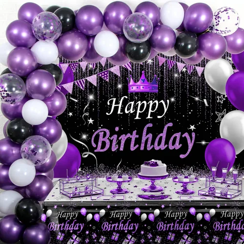 Decoraciones de fiesta moradas y negras para mujeres, decoraciones de cumpleaños moradas para niñas y hombres con mantel de fondo de feliz