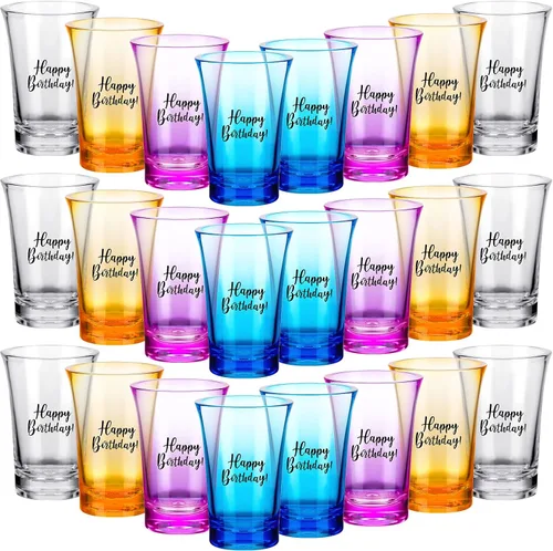 Hosuly 24 vasos de chupito de feliz cumpleaños a granel de 1.2 onzas divertidas tazas de acrílico colorido para mujeres, hombres y adultos,