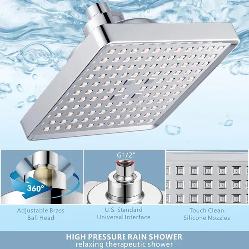 Miniatura 5 de Cabezal de ducha de lluvia de alta presión con filtrado, filtro cuadrado de 6 pulgadas para eliminar el cloro y sustancias nocivas, mejorar los Cromo