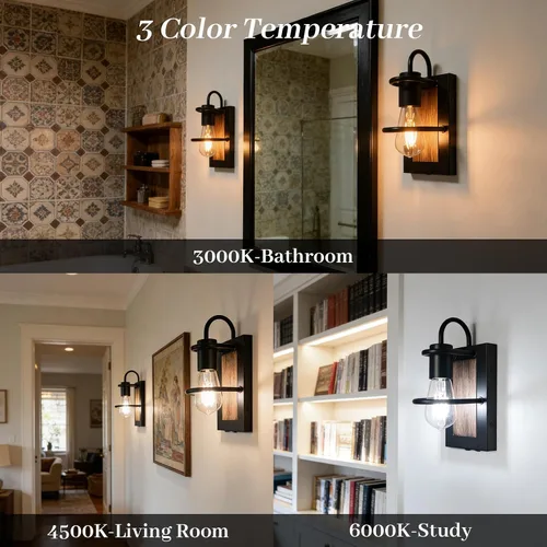 Miniatura 3 de Luces de pared vintage a pilas con acabado de madera sintética, lámpara de pared regulable, sin cableado, fácil de instalar, aplique de pared