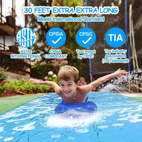 Miniatura 2 de Tobogán de agua antideslizante, tobogán de agua extra largo de 30 pies para niños y adultos con 2 bodyboards, toboganes de agua deslizantes