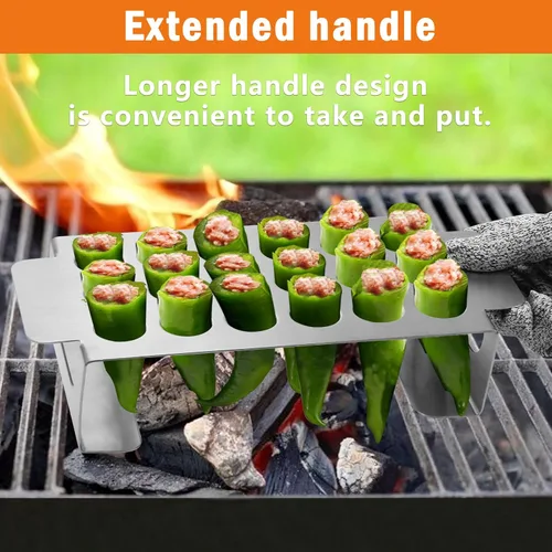 Miniatura 5 de Rejilla de jalapeño negro de 18 agujeros para chile, parrilla de acero inoxidable con asa, soporte de jalapeño para barbacoa, ahumador u horno
