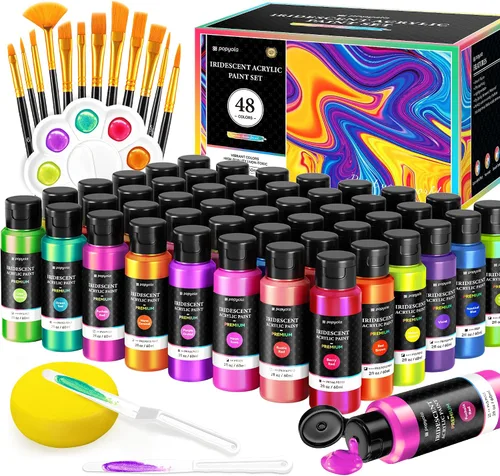 Miniatura 11 de Juego de 64 pinturas acrílicas con 12 pinceles, 2 cuchillos y paleta, 48 colores (2oz/60ml) Pintura artesanal para adultos, niños, artistas