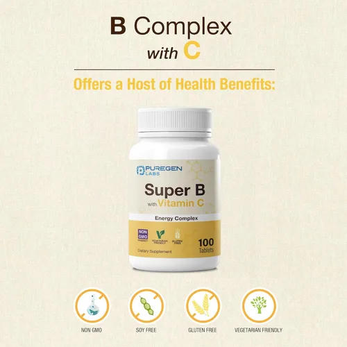 Miniatura 6 de Puregen Labs Super B Energy Complex con vitamina C - Salud inmunológica, energía y apoyo del sistema nervioso - Sin OMG, sin gluten, 100 tabletas