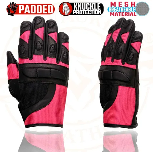Miniatura 3 de Milwaukee Leather MG7740 - Guantes de moto de carreras de cuero negro y malla verde neón con nudillos y dedos acolchados para mujer Rosado