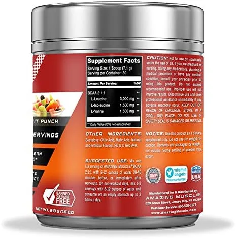 Miniatura 3 de Amazing Muscle BCAA 2:1:1 Suplemento de aminoácidos de cadena ramificada 6,000 mg por porción Sabor a ponche de frutas 30 porciones