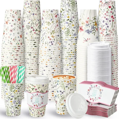 Miniatura 10 de Jingmore Juego de 120 tazas de café de papel desechables de 16 onzas con tapas, fundas para pajitas, vasos de papel para bebidas frías calientes