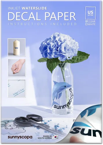 Sunnyscopa Papel para calcomanías de transferencia de agua para impresora INKJET - TRANSPARENTE, TAMAÑO CARTA EE. UU. 8.5"X11", 20 HOJAS, papel