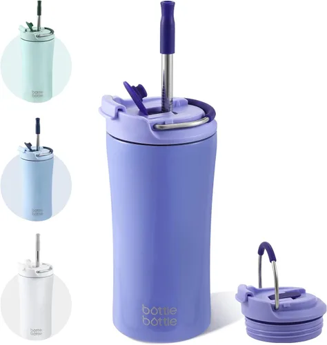 Miniatura 8 de BOTTLE BOTTLE Vaso de café con tapa de doble uso y pajita, taza de café de viaje de doble pared para mujer y hombre, vaso aislado de acero Blanco
