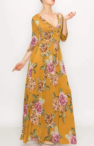 Miniatura 2 de Vestido largo de fiesta súper elástico para mujer, estampado floral, manga 34, cuello en V