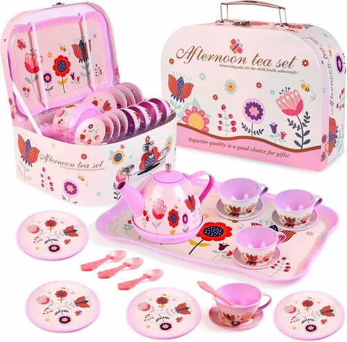 Lajeje Juego de té de simulación para niñas pequeñas de 3 a 8 años, 19 piezas de juguetes de cocina con temática de flores para niños pequeños,