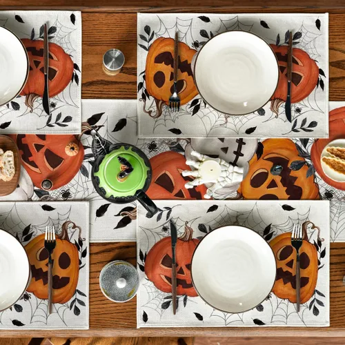 Miniatura 6 de Artoid Mode Juego de 4 manteles individuales de tela de araña de calabazas de Halloween, 12 x 18 pulgadas, manteles individuales de otoño