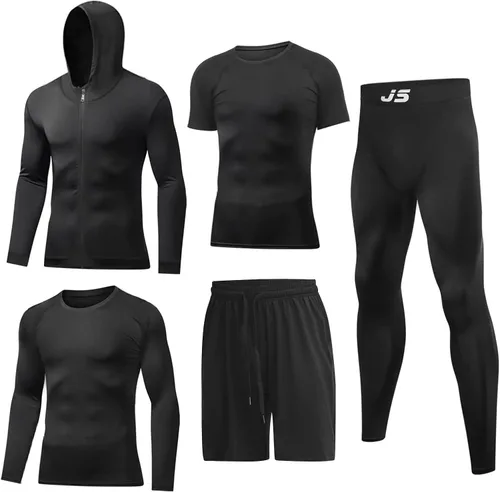 JULY'S SONG Conjunto de entrenamiento de compresión para hombre, 5 piezas, secado rápido, pantalones cortos, mallas, chaqueta para gimnasio