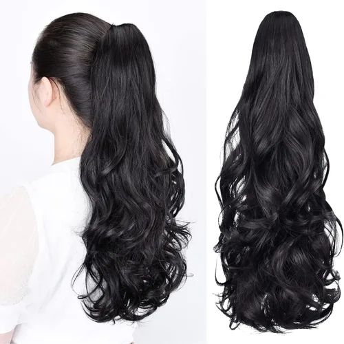 Miniatura 49 de Extensiones de cola de caballo, extensiones de cabello rizado con clip de garra de color marrón oscuro para mujer, peluca sintética de cola