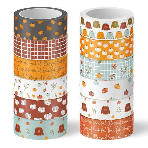 Miniatura 8 de Whaline 12 rollos de cintas Washi de otoño a cuadros naranja rojo búfalo cinta decorativa de otoño de color sólido de lunares con patrón de cinta