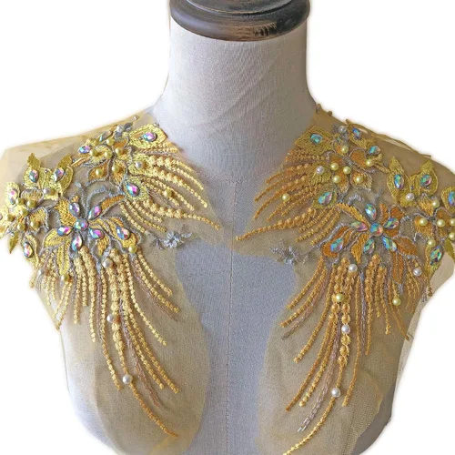 Miniatura 3 de Par de espejos con cuentas de encaje floral, diamantes de imitación coloridos, adorno de joyería, parche bordado en el hombro para disfraces