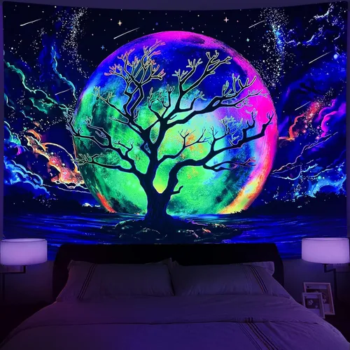 Miniatura 3 de Faxdong Tapiz de luna con luz negra, reactivo a los rayos UV, árbol lago, colorido estrellado, noche estrellada, galaxia, nubes espaciales, tapiz