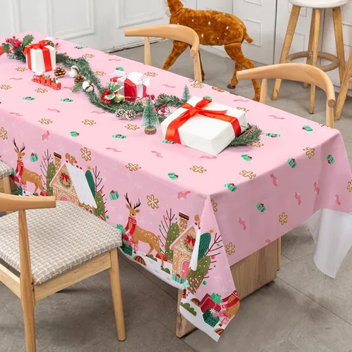 Miniatura 4 de Mantel de Navidad Rosa de 60 x 104 Pulgadas Casa de Jengibre Reno Cubierta de Mesa Rectangular Mantel de Mesa para Navidad Hogar Granja Picnic Cena