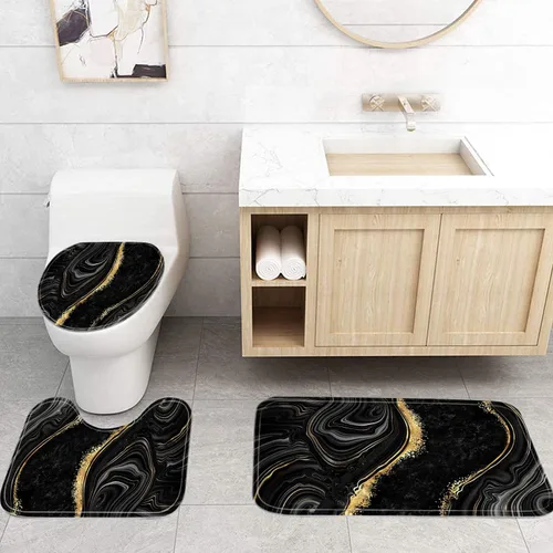 Miniatura 7 de Nkzply Juego de 4 Piezas de Cortinas de Ducha de Mármol Negro con Alfombras, Juegos de Baño Dorados con Cortina de Ducha y Alfombras, Accesorios