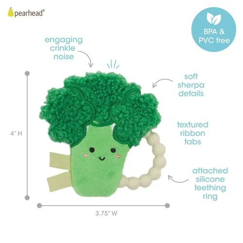 Miniatura 3 de Pearhead Broccoli - Mordedor para bebé, juguete sensorial de felpa suave con anillo de cuentas de silicona sin BPA y sonido arrugado, alivia