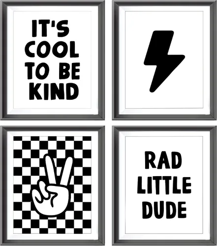 Miniatura 13 de Cartel de mano retro a cuadros negros y blancos preppy relámpago de la paz para decoración de habitación de niños, decoración divertida de Rad