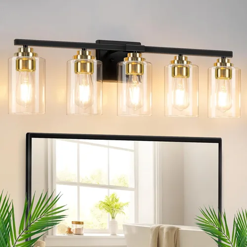 Miniatura 27 de Lámparas de baño de 3 luces, 19 pulgadas, modernas luces de tocador sobre espejo con pantallas de vidrio transparente, accesorio de luz marrón