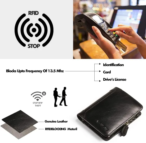 Miniatura 23 de Billetera para hombre con cremallera de cuero genuino RFID tarjeteros de piel de vaca con cremallera bolsillo para monedas, carteras plegables