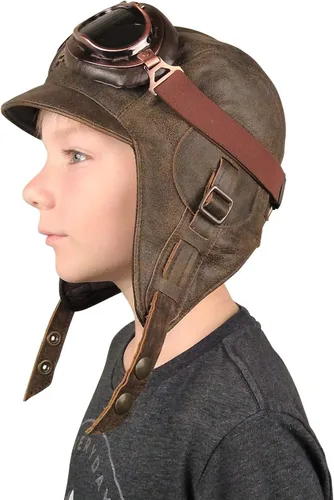 Sombrero de aviador para niños, cuero marrón real, disfraz, casco volador de piloto, sombrero steampunk para niños