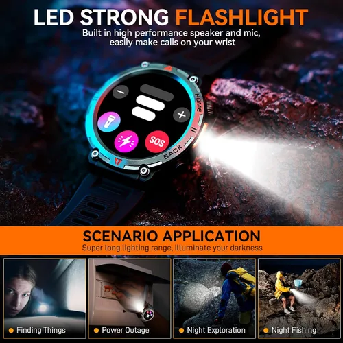 Miniatura 5 de Foxhawk Reloj inteligente militar para hombre, 1.45 pulgadas, resistente GPS, reloj inteligente táctico con brújula linterna LED, reloj de fitness