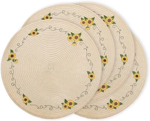 Miniatura 11 de Whaline 4 piezas de manteles redondos con diseño de abeja y girasol bordados, manteles florales para mesa de comedor en casa, para primavera