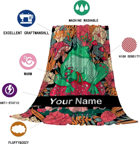Miniatura 6 de Anuruddha Manta personalizada con nombre, manta de franela con nombre personalizado de rana floral, esponjosa, acogedora, manta de hongo y rana