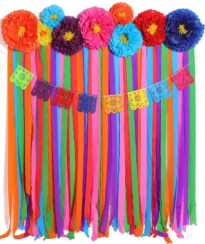 TaoBary 16 piezas Flores de papel mexicanas, decoraciones de fiesta mexicanas, serpentina, fondo y banderines de papel picado, suministros de
