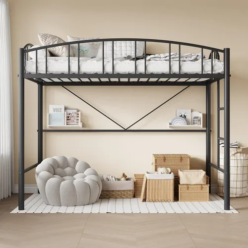Miniatura 6 de IDEALHOUSE Cama alta tamaño individual con escalera y barandilla de arco alto, listones de metal resistentes, diseño que ahorra espacio
