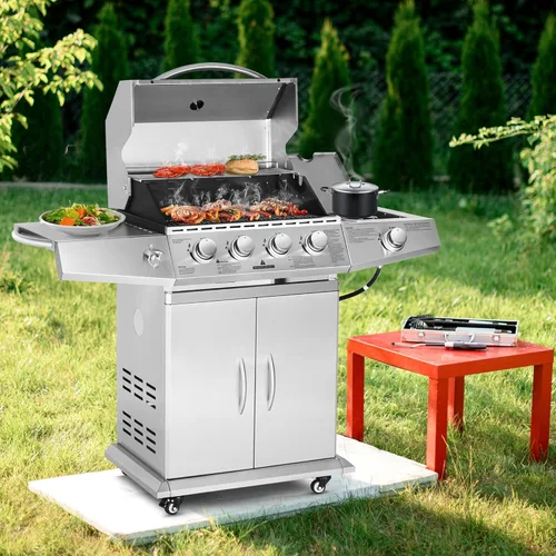 Miniatura 2 de Polar Aurora Parrilla de gas propano 4 quemadores con quemador lateral, carrito de parrilla de acero inoxidable con ruedas para patio al aire libre