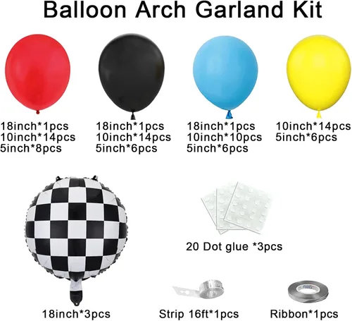 Miniatura 2 de Kit de guirnalda de arco de globos de auto de carreras, globo de aluminio a cuadros rojo, amarillo, azul, negro, decoración de fiesta de cumpleaños