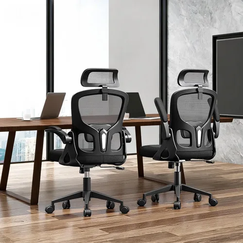 Miniatura 8 de Silla de oficina ergonómica, silla de escritorio de respaldo alto con brazos abatibles, silla de computadora de malla de 300 libras con Negro