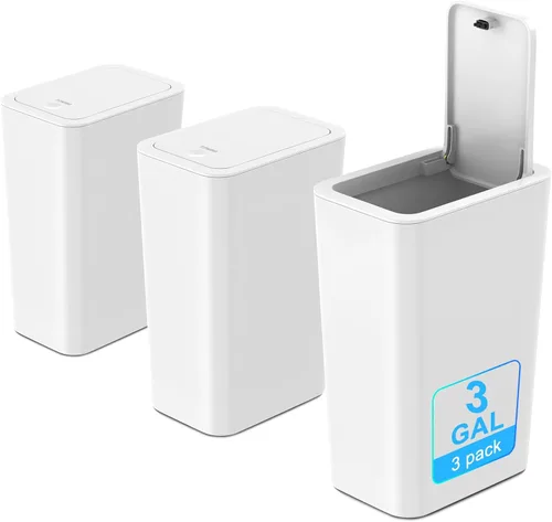 Miniatura 9 de N. NETDOT Paquete de 3 cubos de basura pequeños de 3 galones con tapa, cubo de basura para baño con tapa desplegable, cesta de basura para baño