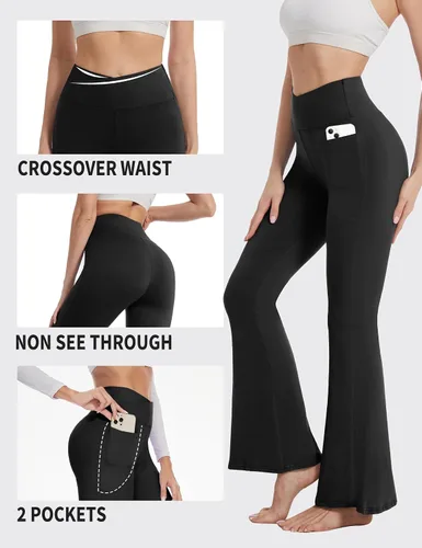Miniatura 3 de ZOOSIXX Pantalones de yoga negros acampanados para mujer, leggings cruzados suaves con corte de bota
