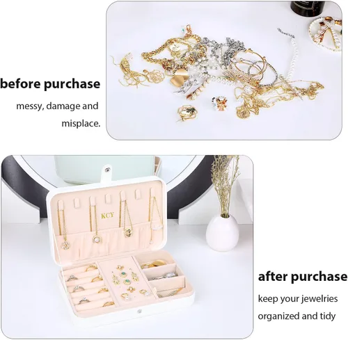 Miniatura 7 de KCY Joyero para mujeres y niñas, pequeño estuche organizador de joyas de viaje, cajas de almacenamiento de joyas portátiles de piel sintética