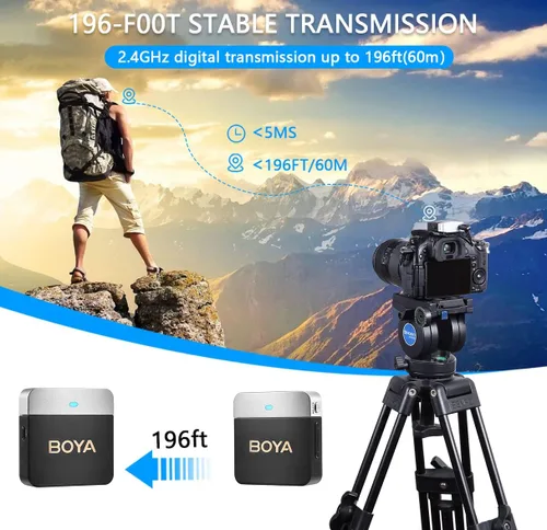 Miniatura 5 de BOYA Micrófono Lavalier inalámbrico de 2.4 GHz Duan Channel Sistema de micrófono inalámbrico con transmisor y 1 receptor para cámara iPhone