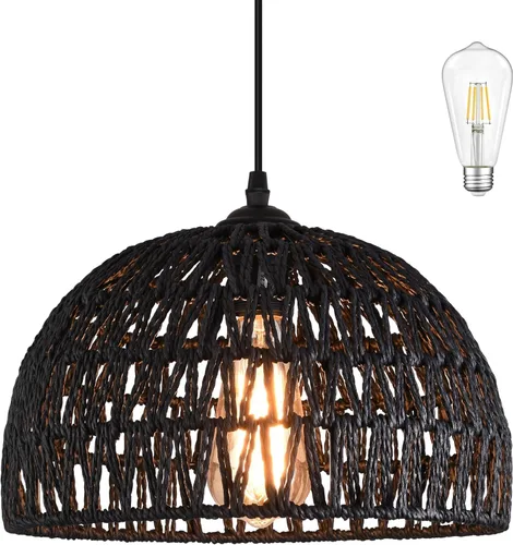Miniatura 13 de Ayshwill Dec Lámpara de araña negra tejida estilo boho de ratán y mimbre con cúpula, lámpara colgante para comedor, dormitorio, isla de cocina