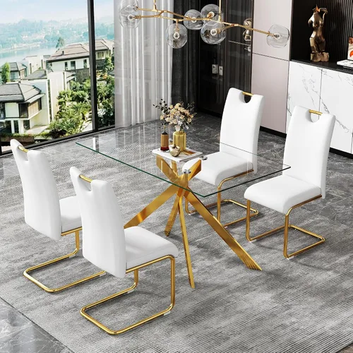 Miniatura 15 de Mesa de comedor rectangular de 51.18" de vidrio templado, mesa de cocina con patas de metal, elegante y robusta mesa de cena para el hogar y la cena