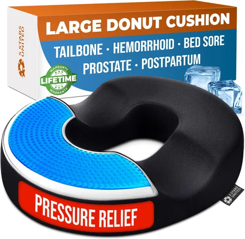 5 STARS UNITED Almohada de dona para dolor de coxis y hemorroides – Cojín grande de espuma viscoelástica con capa de gel de enfriamiento para zonas