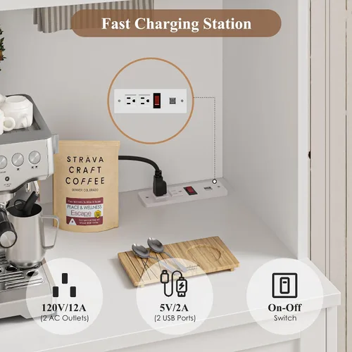 Miniatura 6 de HOSTACK Gabinete de Despensa de Cocina de 75.4" de Alto con Estación de Carga, Aparador de Cocina Blanco Moderno con Soporte para Microondas